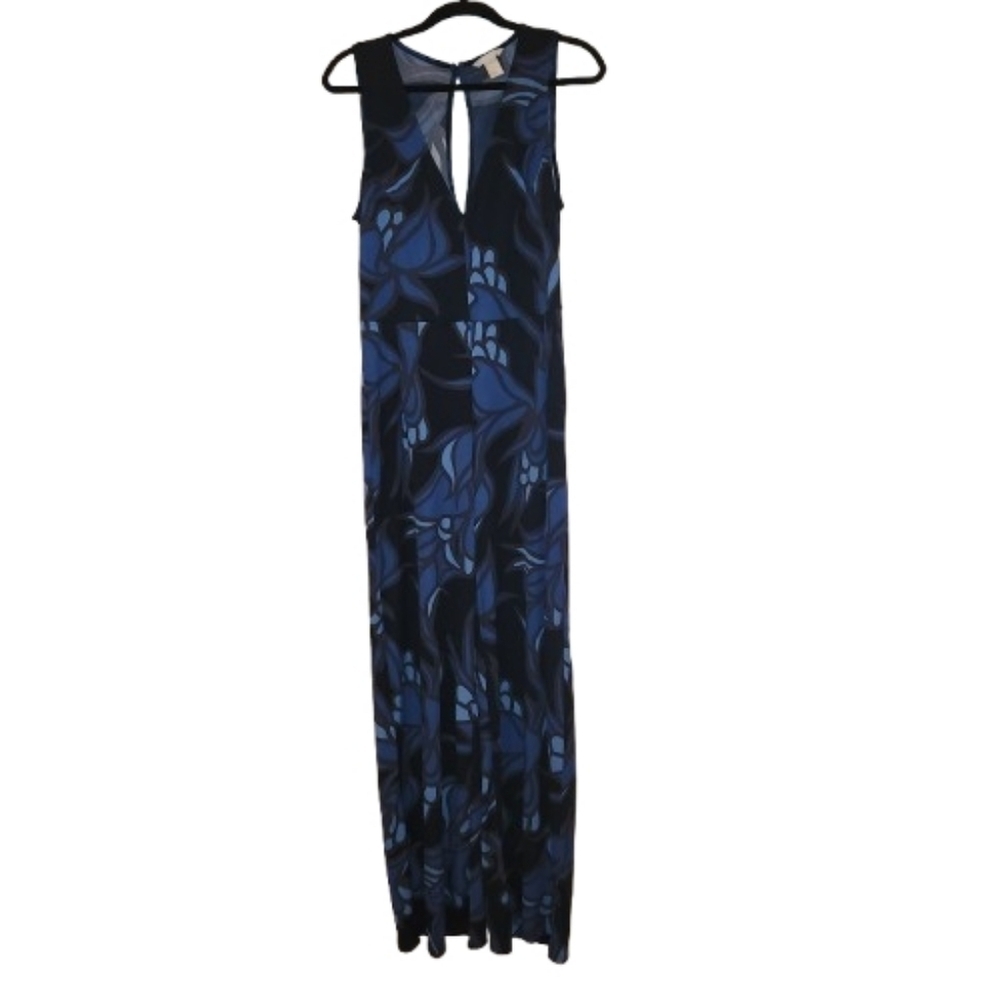 H&M Blue Floral Jumpsuit Size L Jersey Knit Sleeveless Low Back Keyhole Closure - Picture 2 of 16